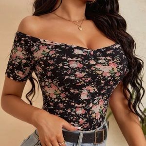 Shein Floral Print Off Shoulder Tee. Black & Multi-colored. Size L (8/10). EUC!